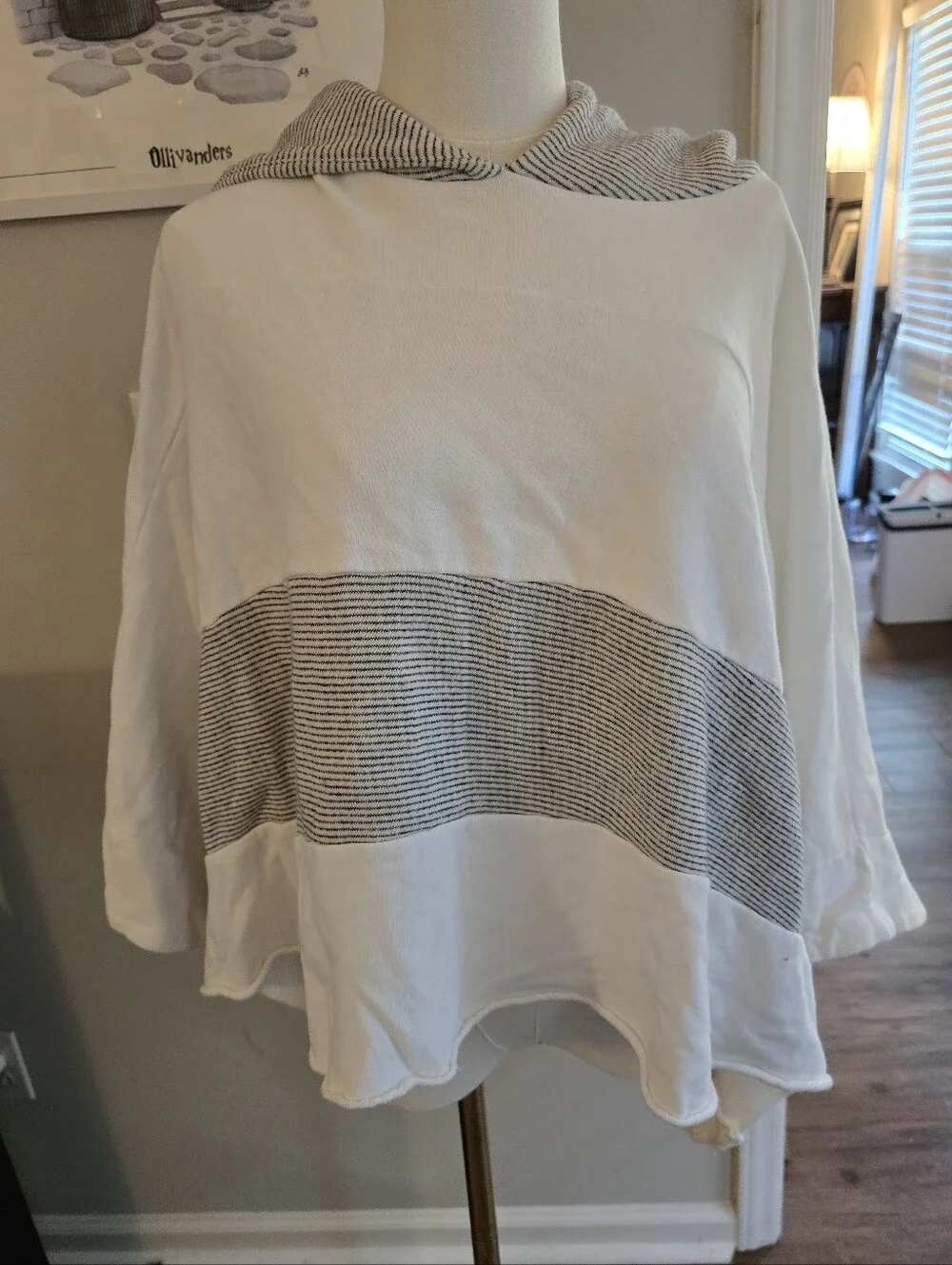 Free People Cream Hooded Pullover with Gray Striped Band